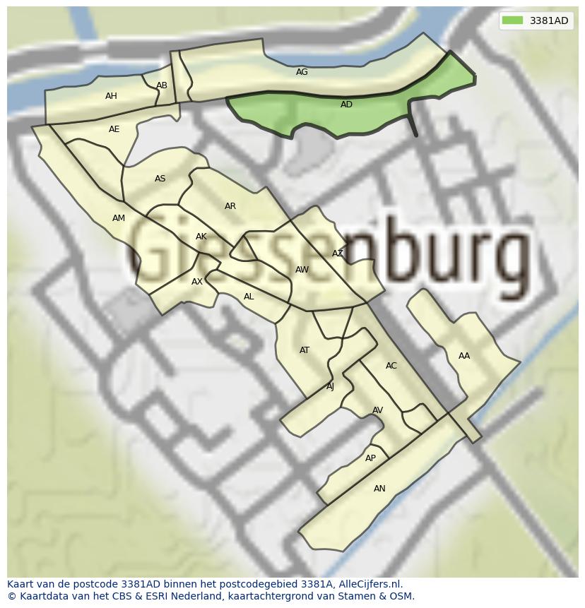 Afbeelding van het postcodegebied 3381 AD op de kaart.