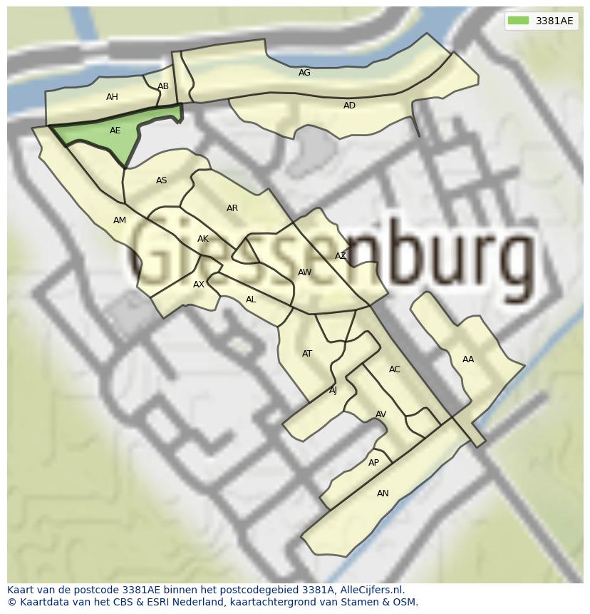 Afbeelding van het postcodegebied 3381 AE op de kaart.