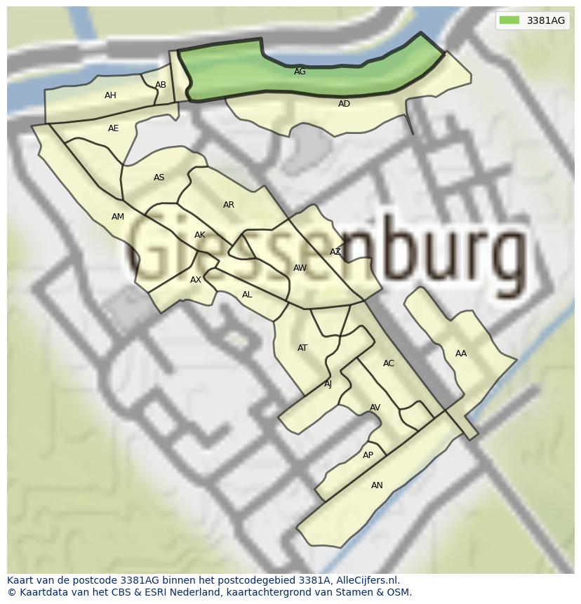 Afbeelding van het postcodegebied 3381 AG op de kaart.