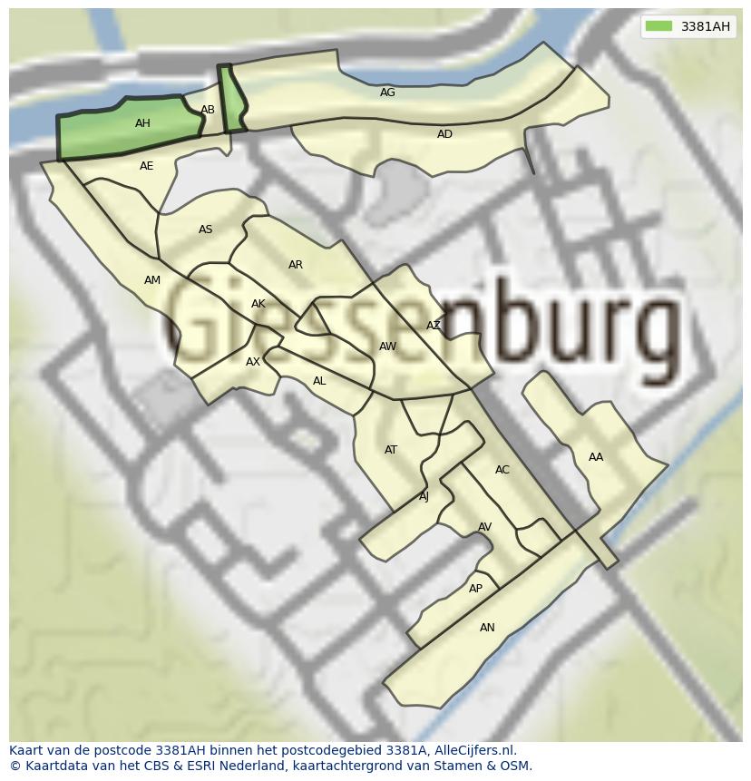 Afbeelding van het postcodegebied 3381 AH op de kaart.