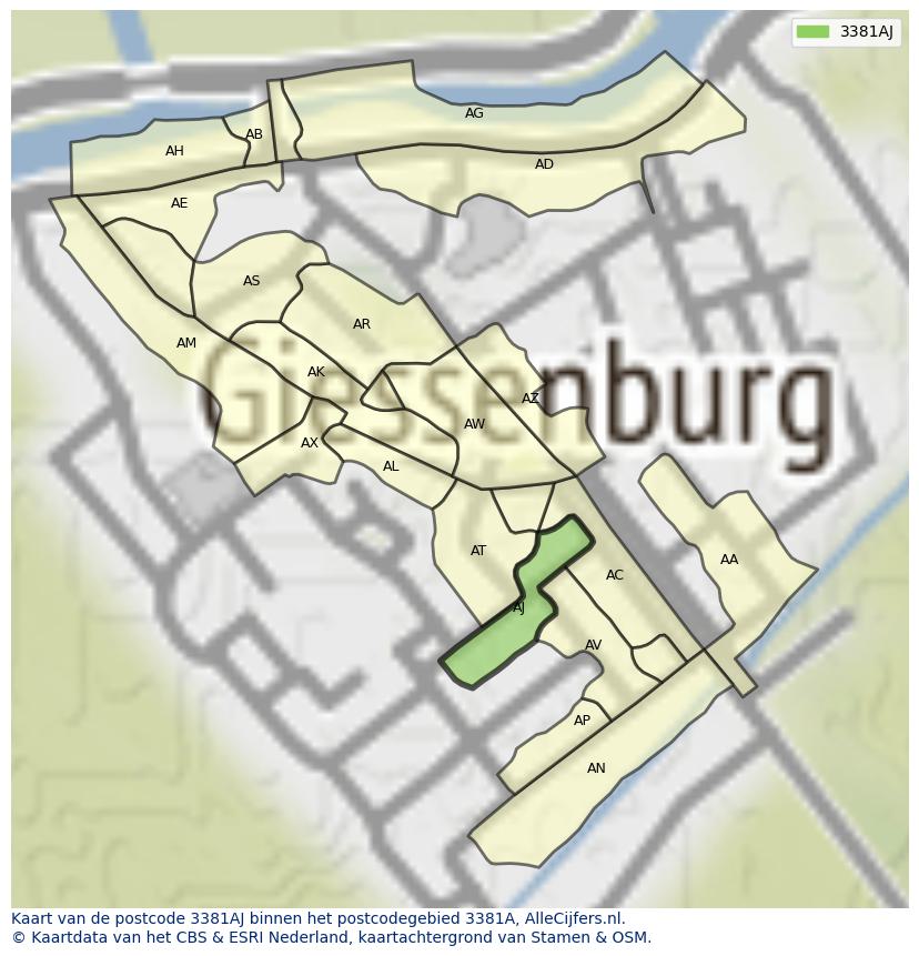 Afbeelding van het postcodegebied 3381 AJ op de kaart.