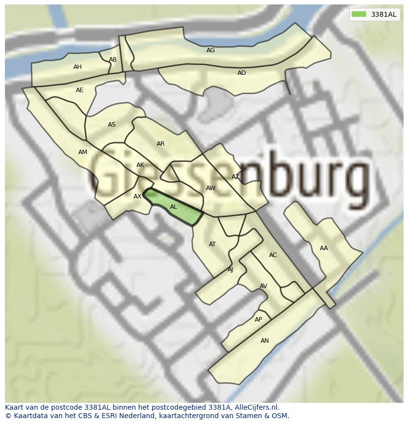 Afbeelding van het postcodegebied 3381 AL op de kaart.