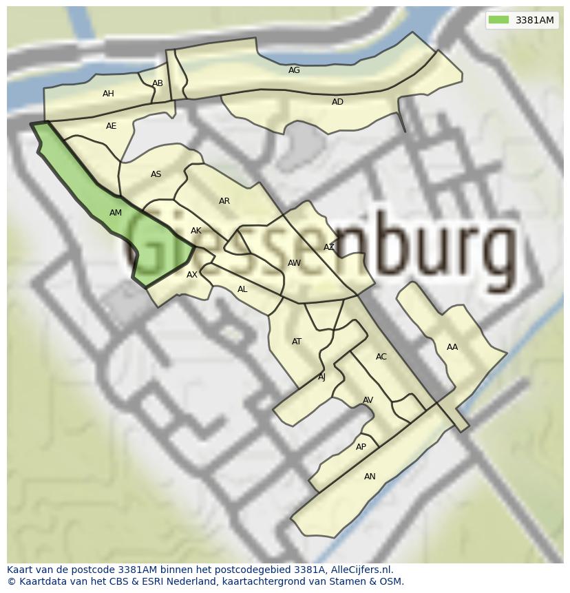 Afbeelding van het postcodegebied 3381 AM op de kaart.