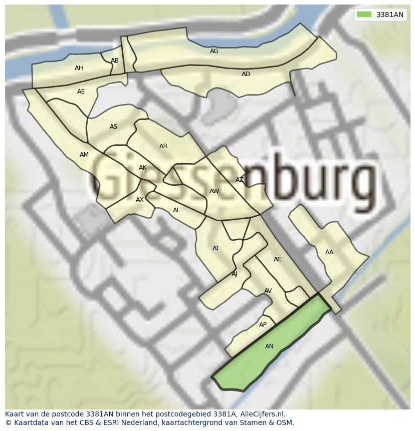 Afbeelding van het postcodegebied 3381 AN op de kaart.