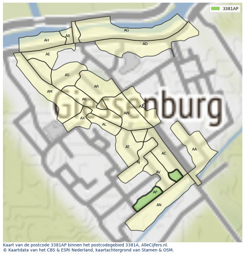 Afbeelding van het postcodegebied 3381 AP op de kaart.
