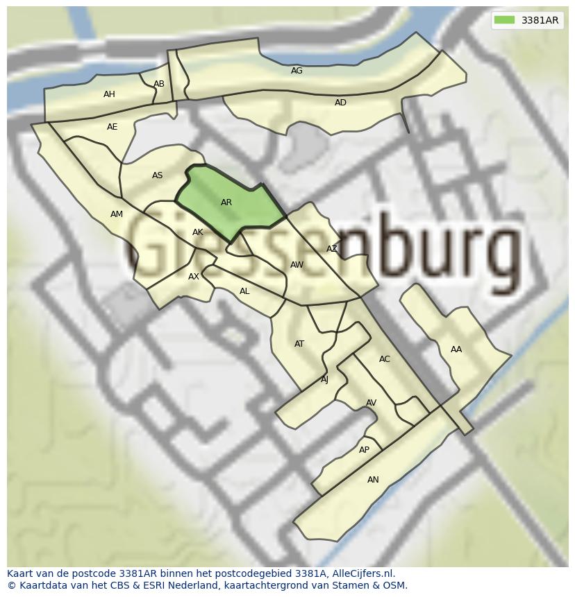 Afbeelding van het postcodegebied 3381 AR op de kaart.