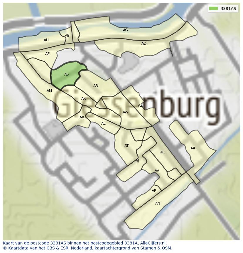 Afbeelding van het postcodegebied 3381 AS op de kaart.