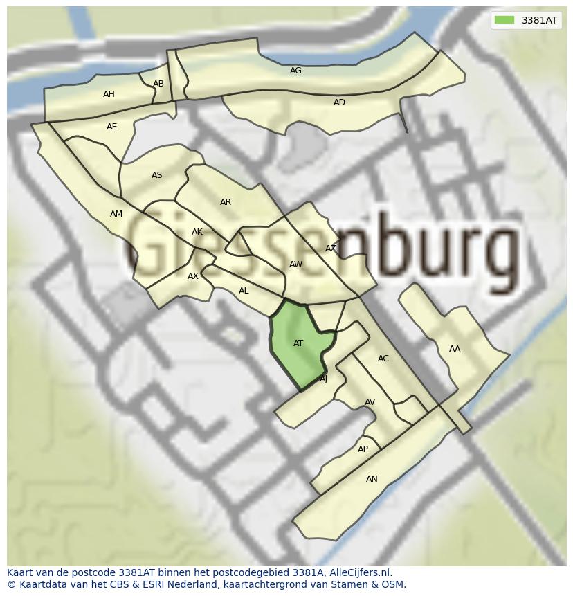 Afbeelding van het postcodegebied 3381 AT op de kaart.