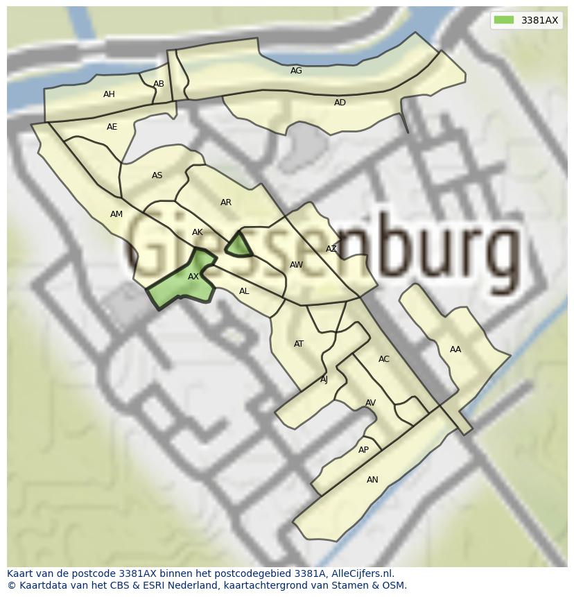 Afbeelding van het postcodegebied 3381 AX op de kaart.