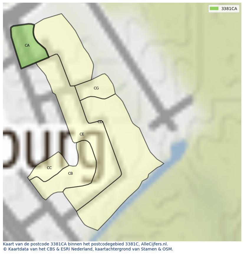 Afbeelding van het postcodegebied 3381 CA op de kaart.