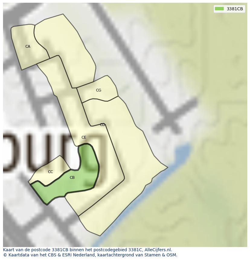 Afbeelding van het postcodegebied 3381 CB op de kaart.