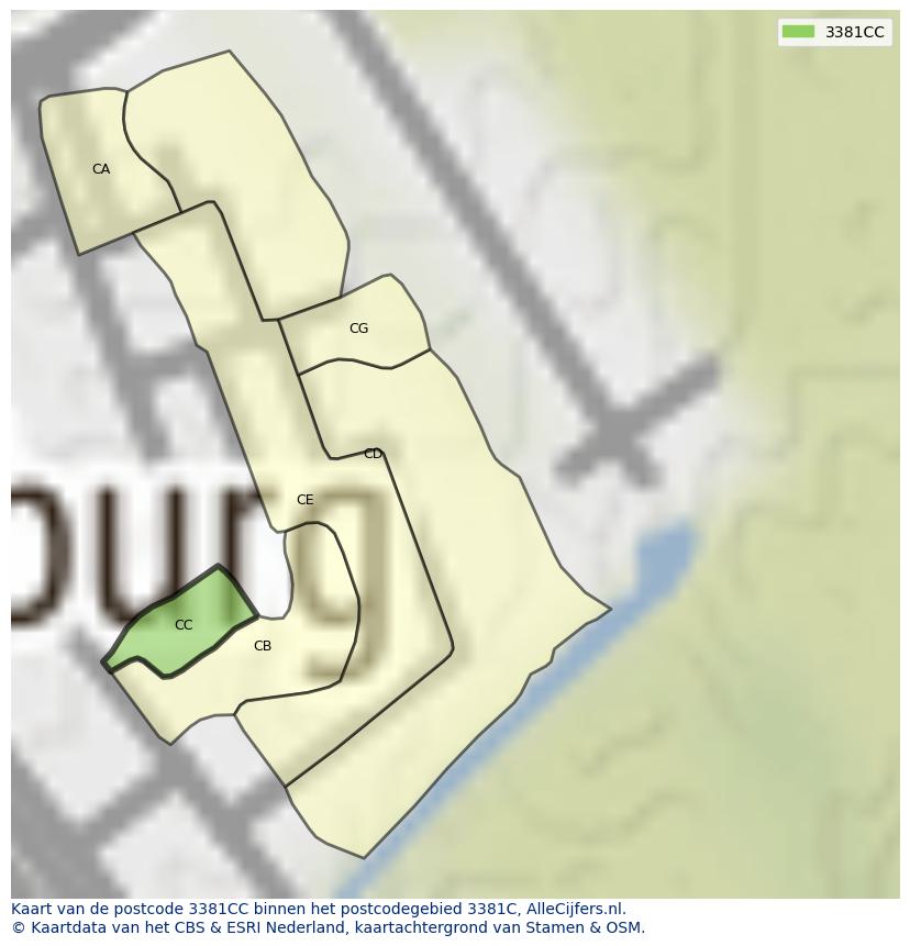 Afbeelding van het postcodegebied 3381 CC op de kaart.
