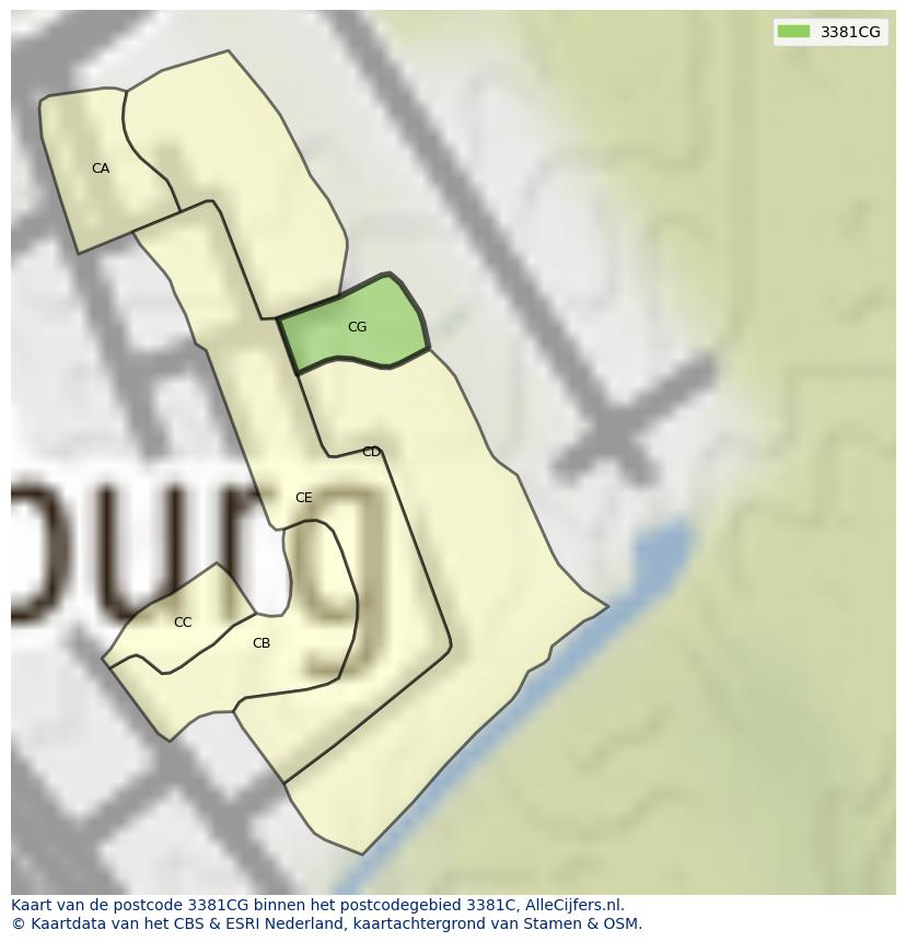 Afbeelding van het postcodegebied 3381 CG op de kaart.