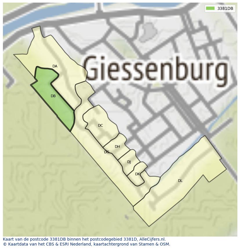 Afbeelding van het postcodegebied 3381 DB op de kaart.