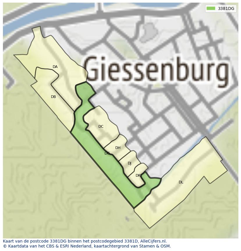 Afbeelding van het postcodegebied 3381 DG op de kaart.