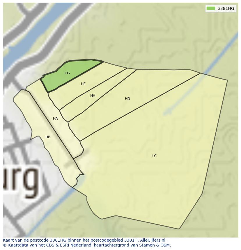Afbeelding van het postcodegebied 3381 HG op de kaart.