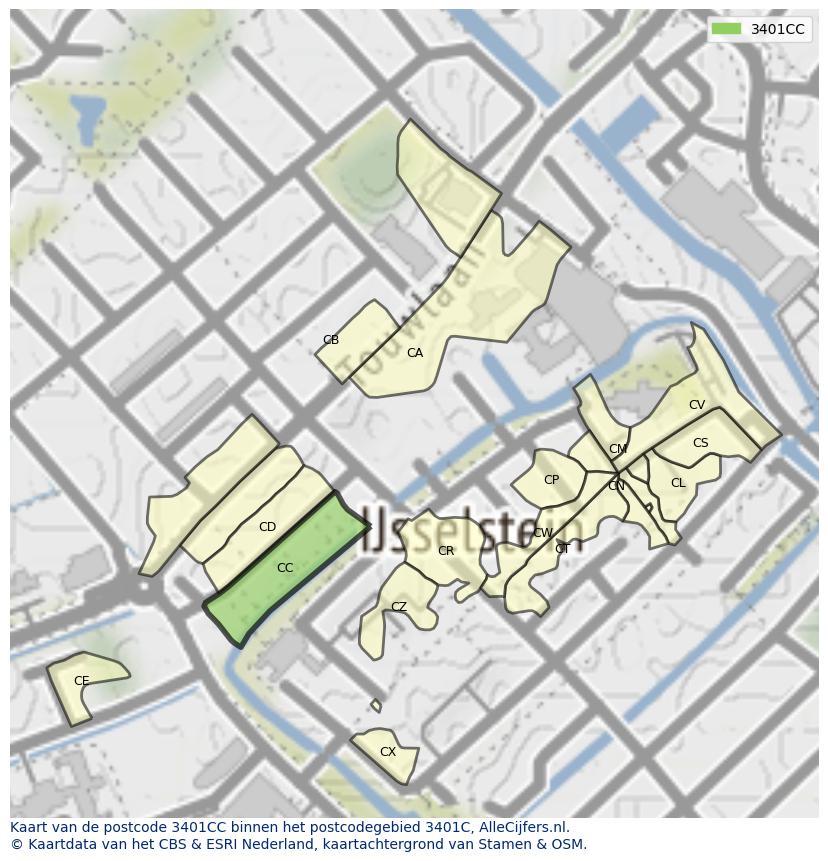 Afbeelding van het postcodegebied 3401 CC op de kaart.