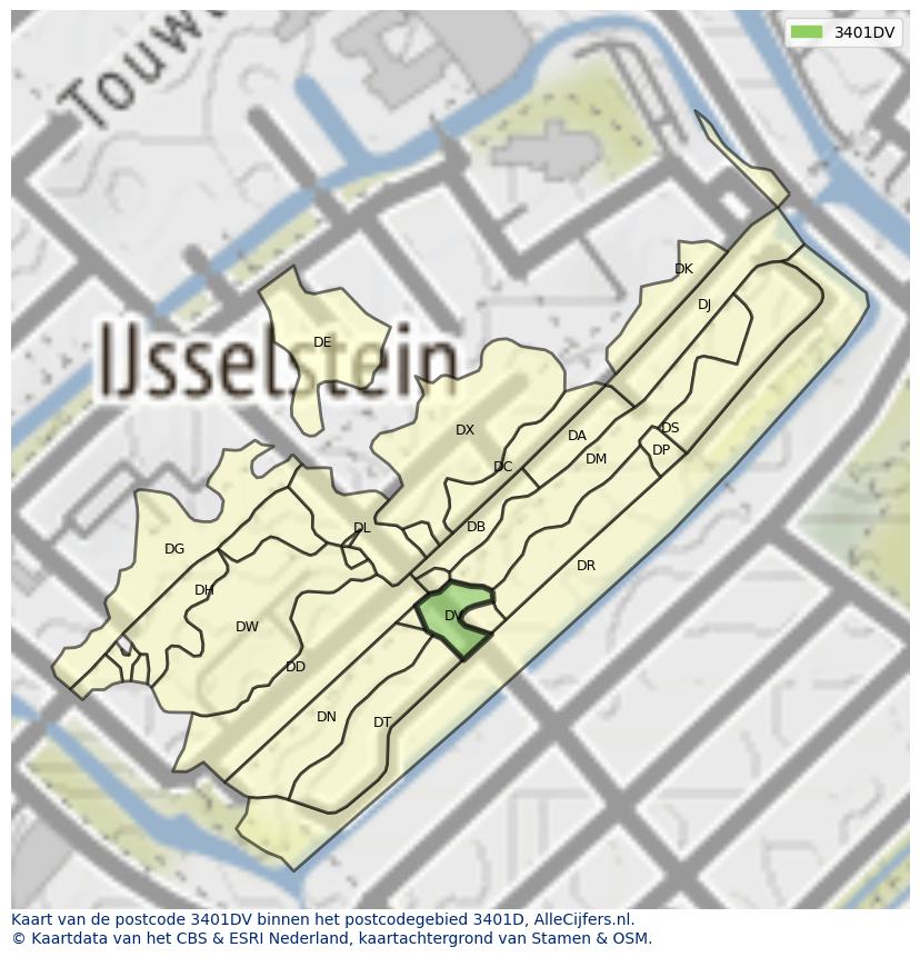 Afbeelding van het postcodegebied 3401 DV op de kaart.
