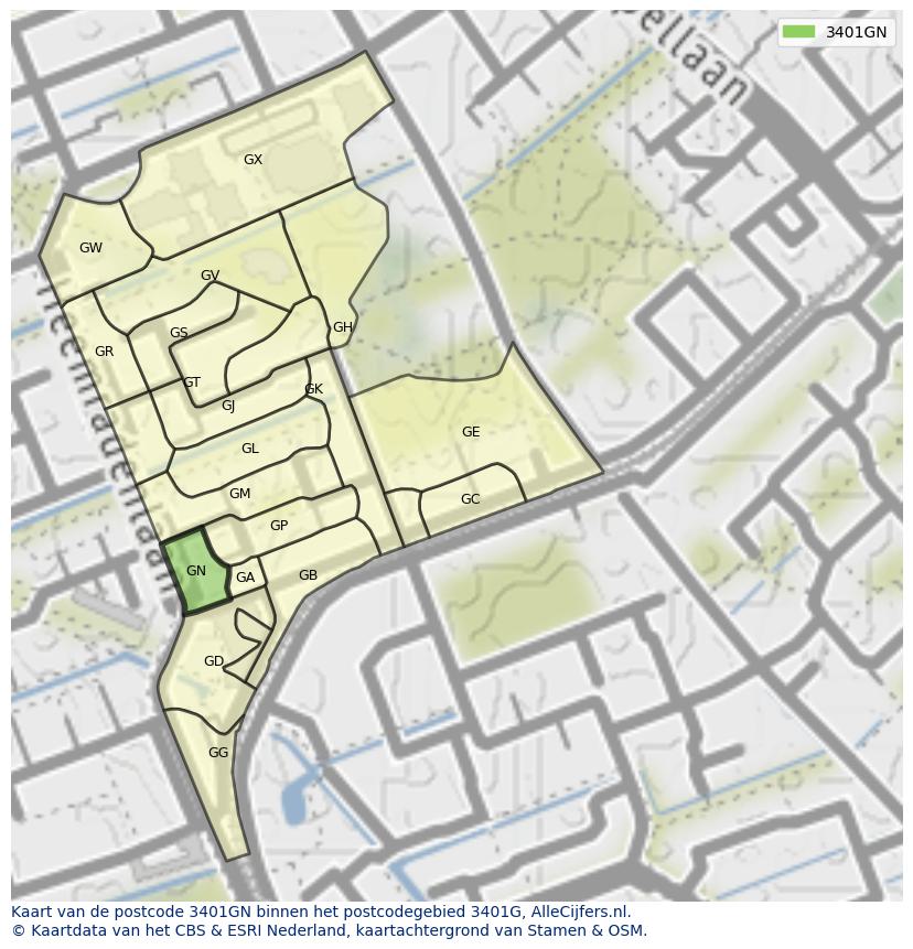 Afbeelding van het postcodegebied 3401 GN op de kaart.