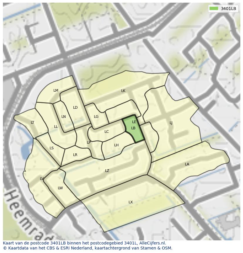 Afbeelding van het postcodegebied 3401 LB op de kaart.