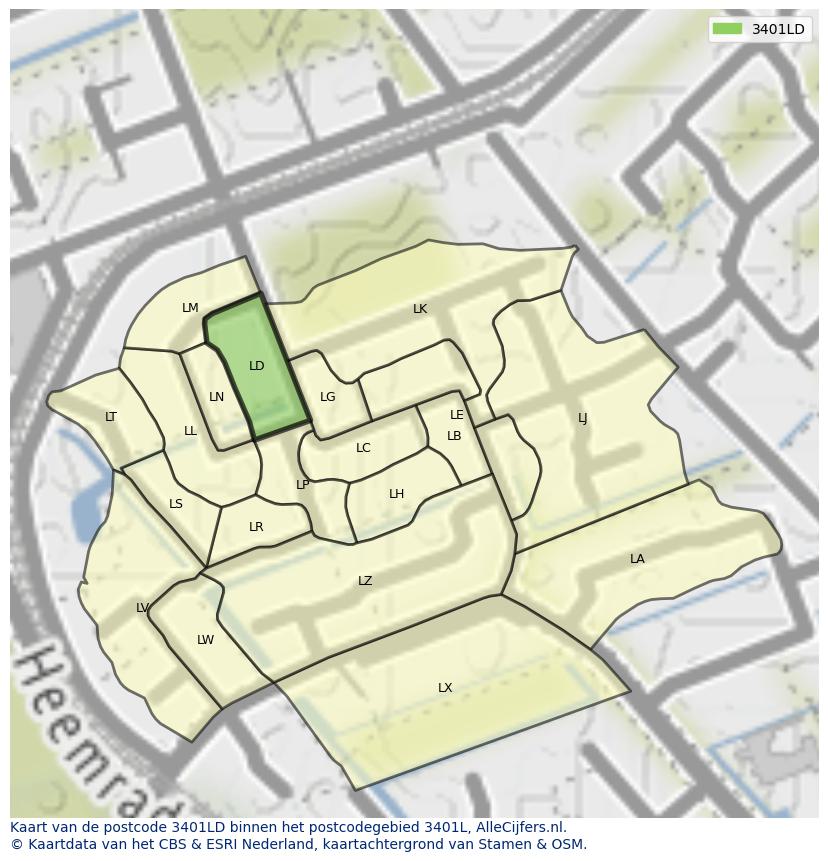 Afbeelding van het postcodegebied 3401 LD op de kaart.