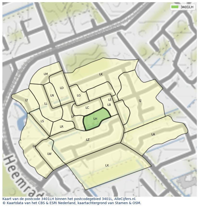Afbeelding van het postcodegebied 3401 LH op de kaart.