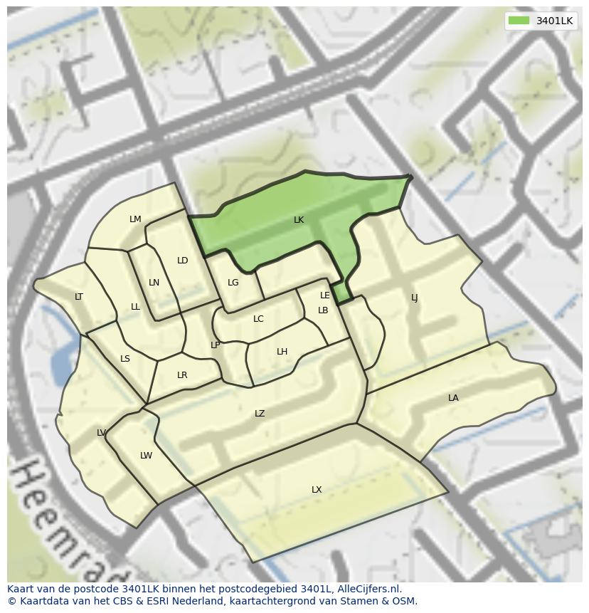 Afbeelding van het postcodegebied 3401 LK op de kaart.
