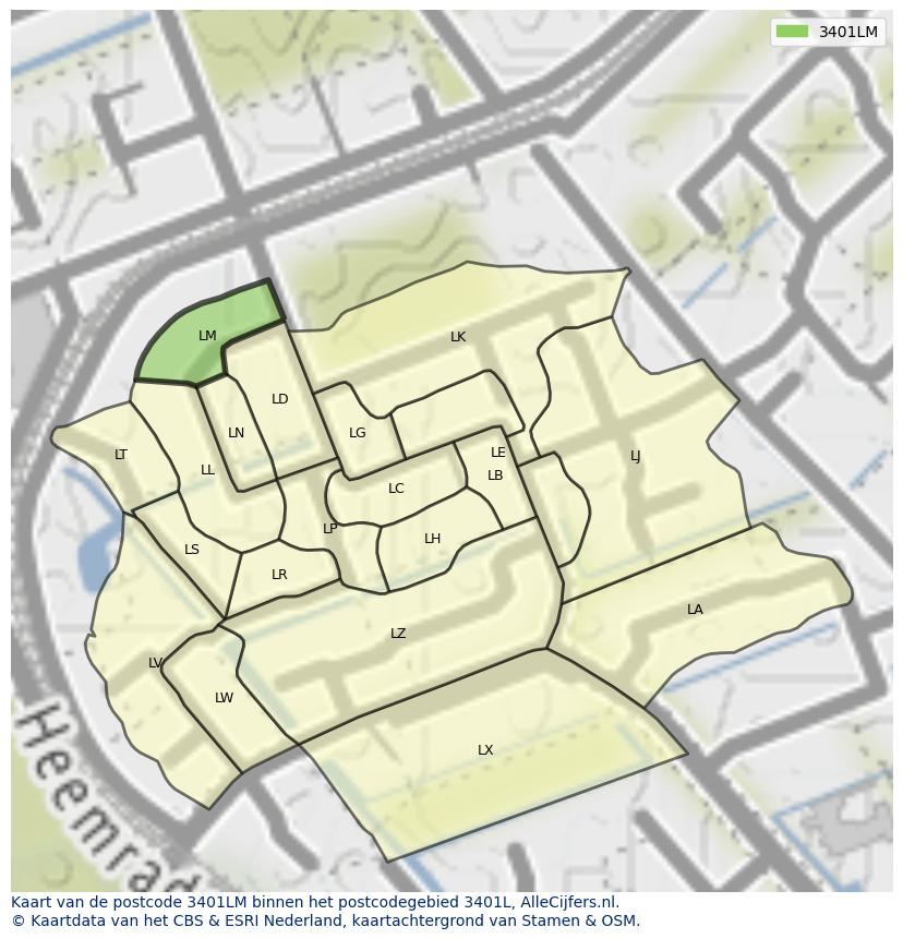 Afbeelding van het postcodegebied 3401 LM op de kaart.