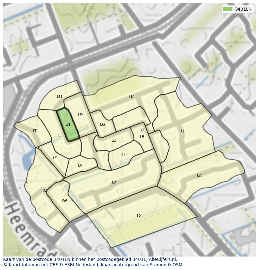Afbeelding van het postcodegebied 3401 LN op de kaart.