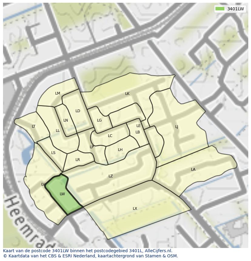 Afbeelding van het postcodegebied 3401 LW op de kaart.