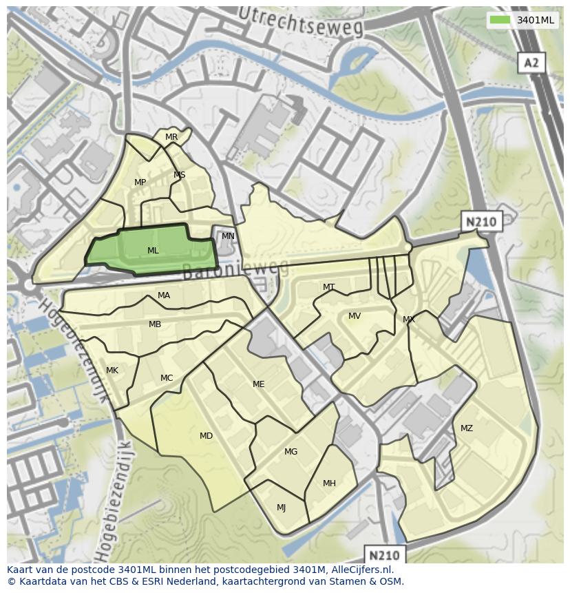 Afbeelding van het postcodegebied 3401 ML op de kaart.