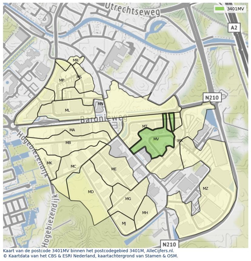 Afbeelding van het postcodegebied 3401 MV op de kaart.