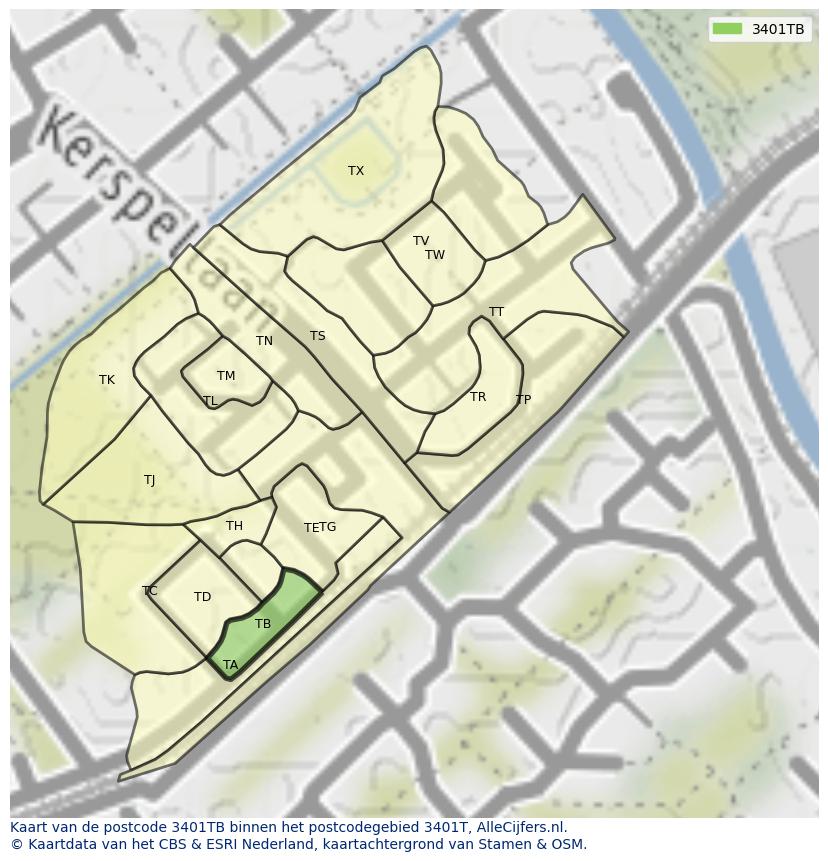 Afbeelding van het postcodegebied 3401 TB op de kaart.