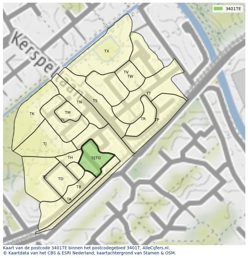 Afbeelding van het postcodegebied 3401 TE op de kaart.
