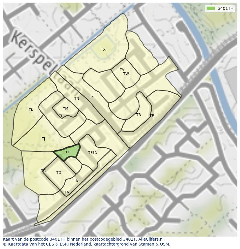 Afbeelding van het postcodegebied 3401 TH op de kaart.