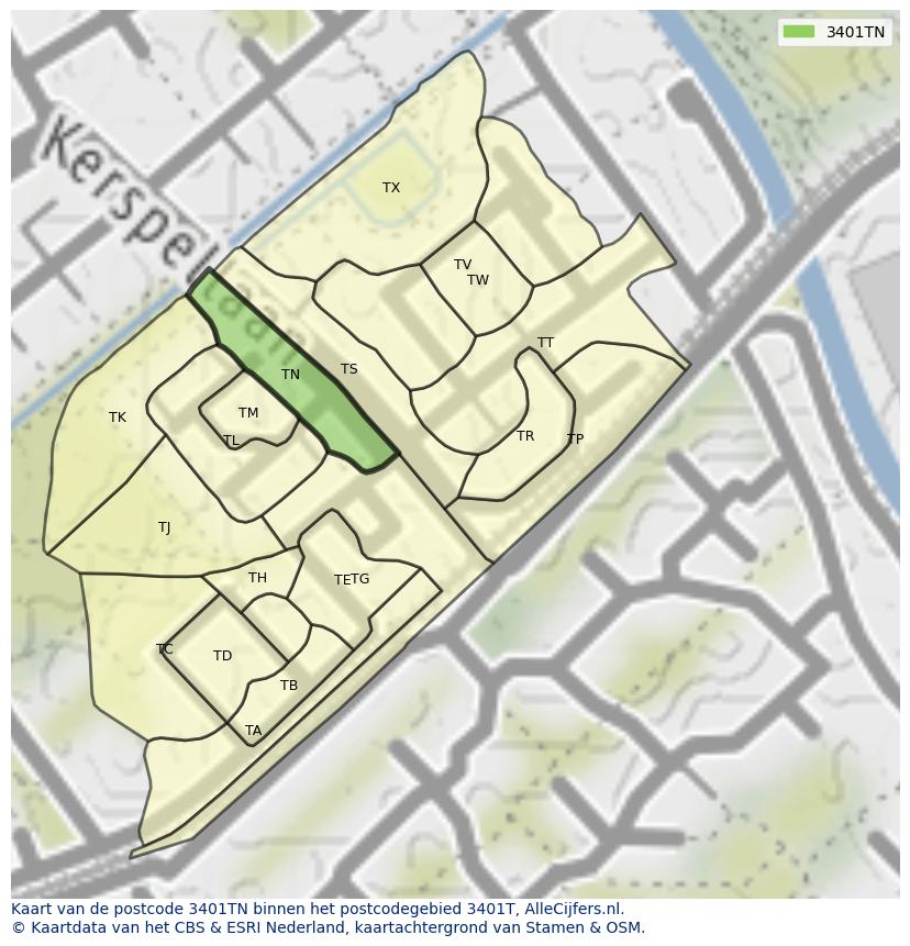 Afbeelding van het postcodegebied 3401 TN op de kaart.