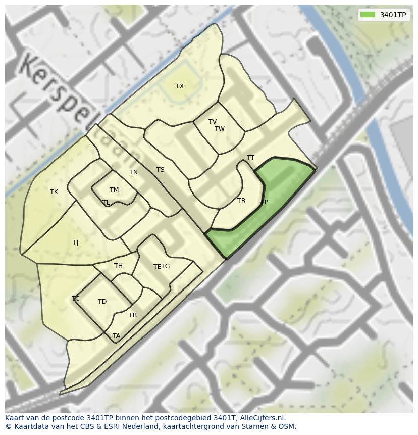 Afbeelding van het postcodegebied 3401 TP op de kaart.