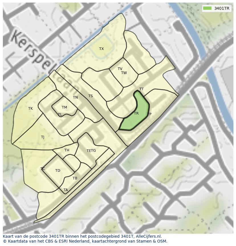 Afbeelding van het postcodegebied 3401 TR op de kaart.