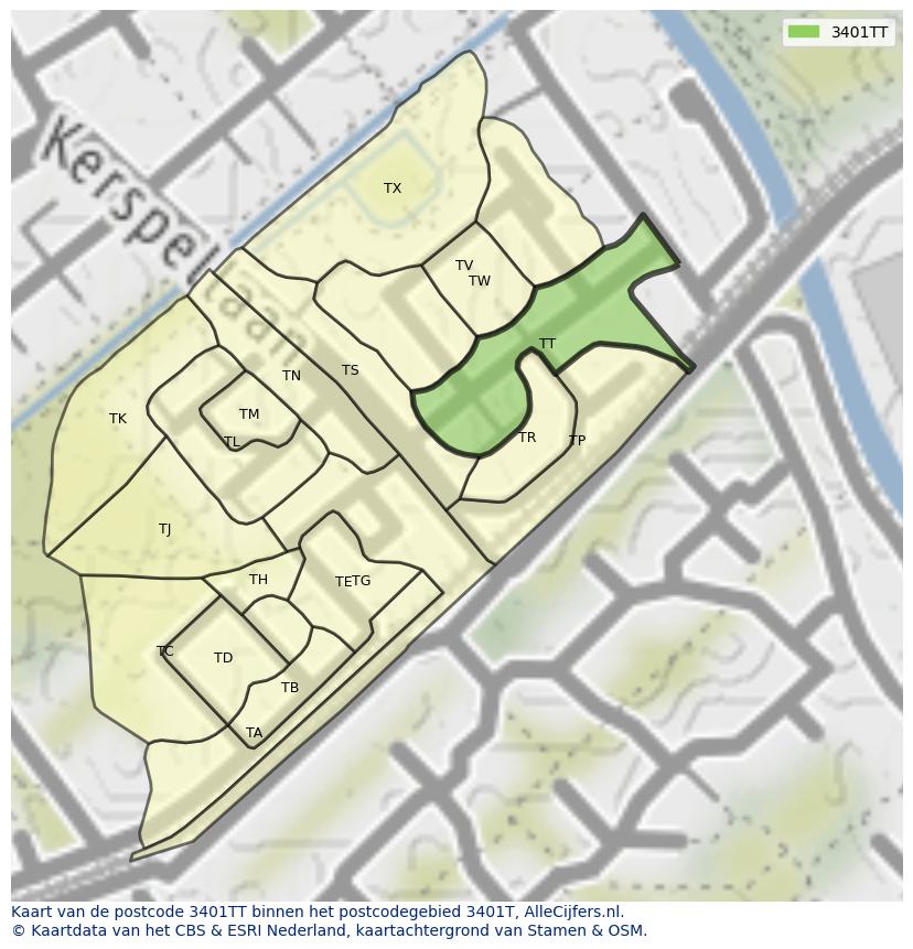 Afbeelding van het postcodegebied 3401 TT op de kaart.