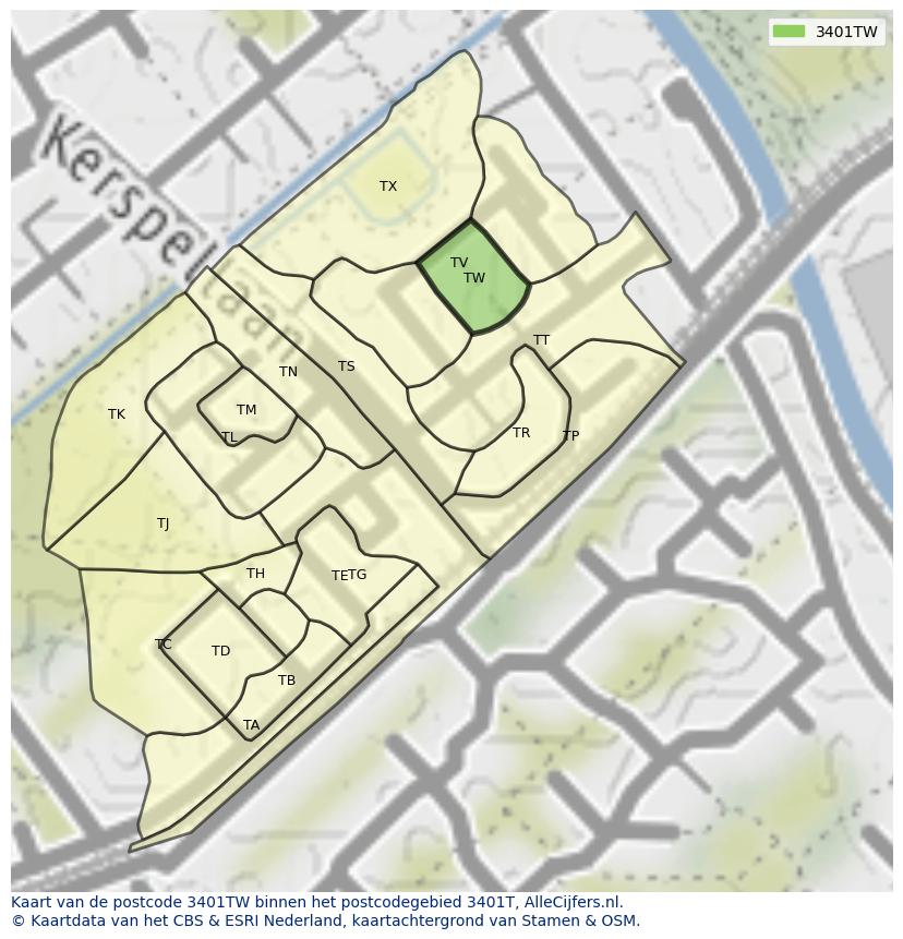 Afbeelding van het postcodegebied 3401 TW op de kaart.