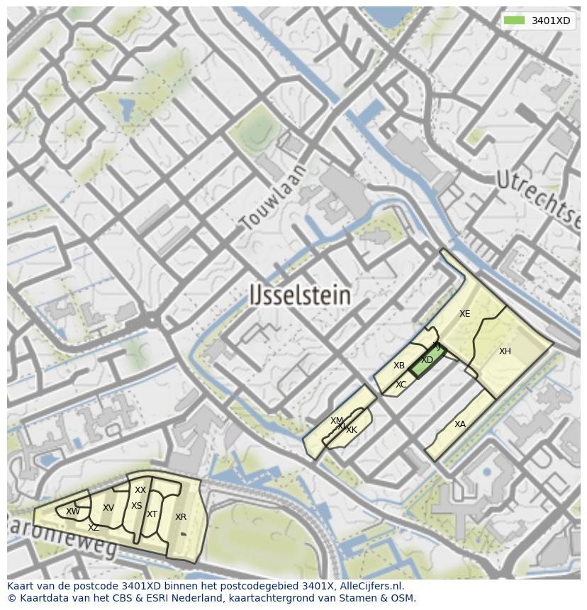 Afbeelding van het postcodegebied 3401 XD op de kaart.
