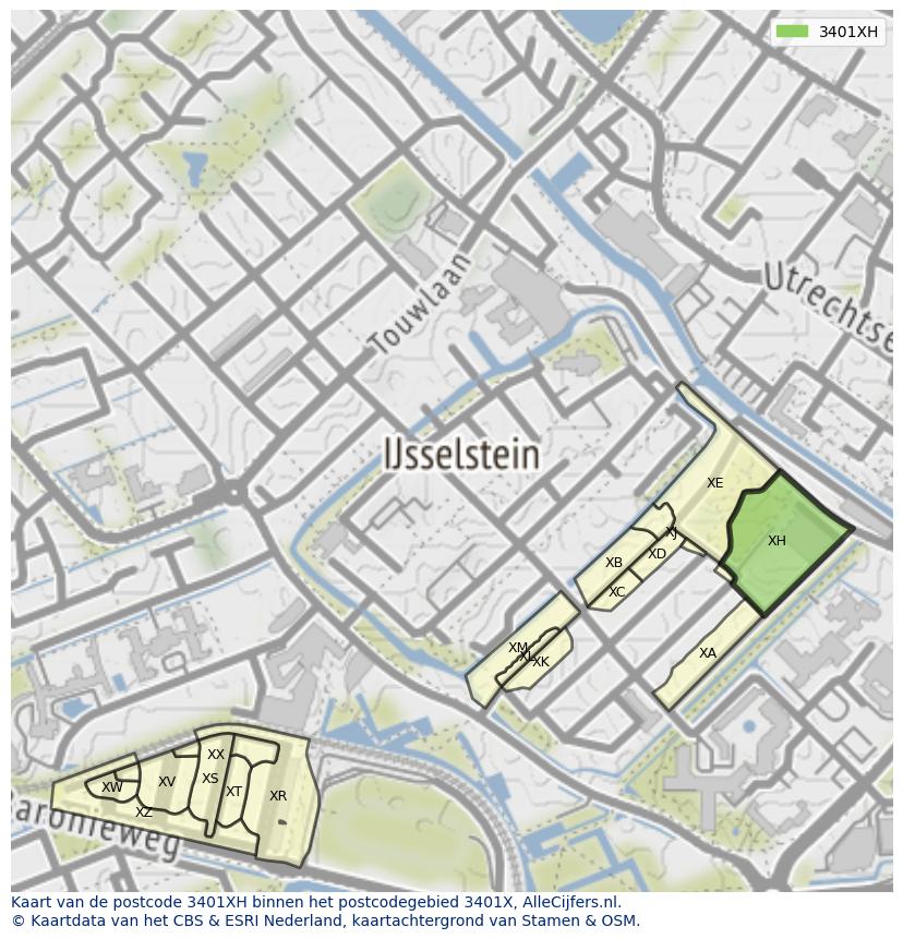 Afbeelding van het postcodegebied 3401 XH op de kaart.
