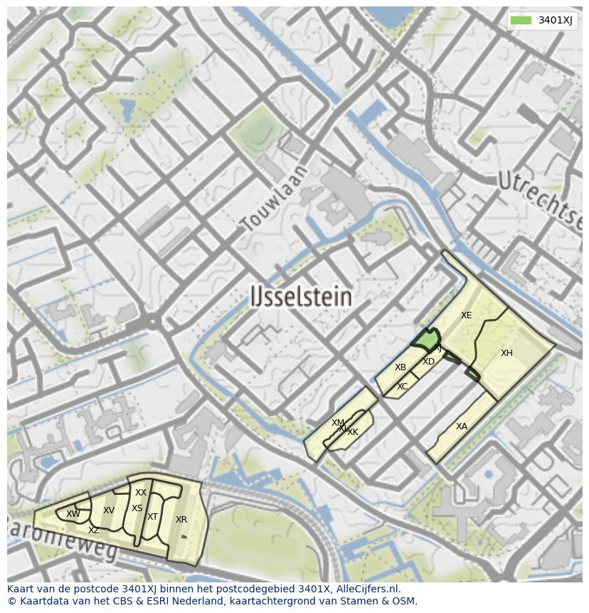 Afbeelding van het postcodegebied 3401 XJ op de kaart.