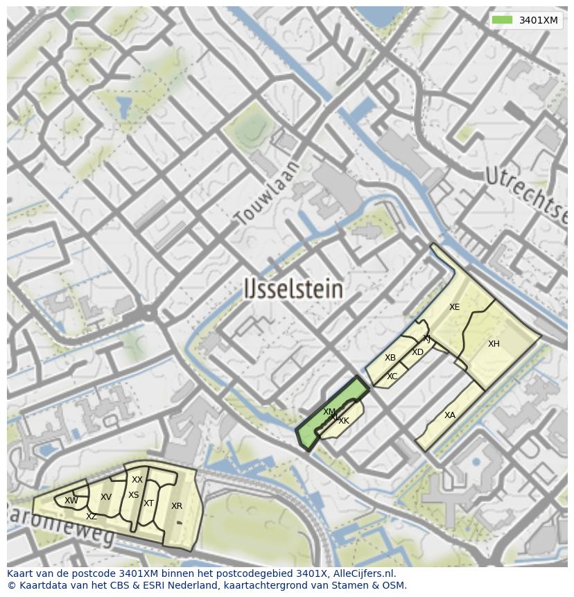 Afbeelding van het postcodegebied 3401 XM op de kaart.
