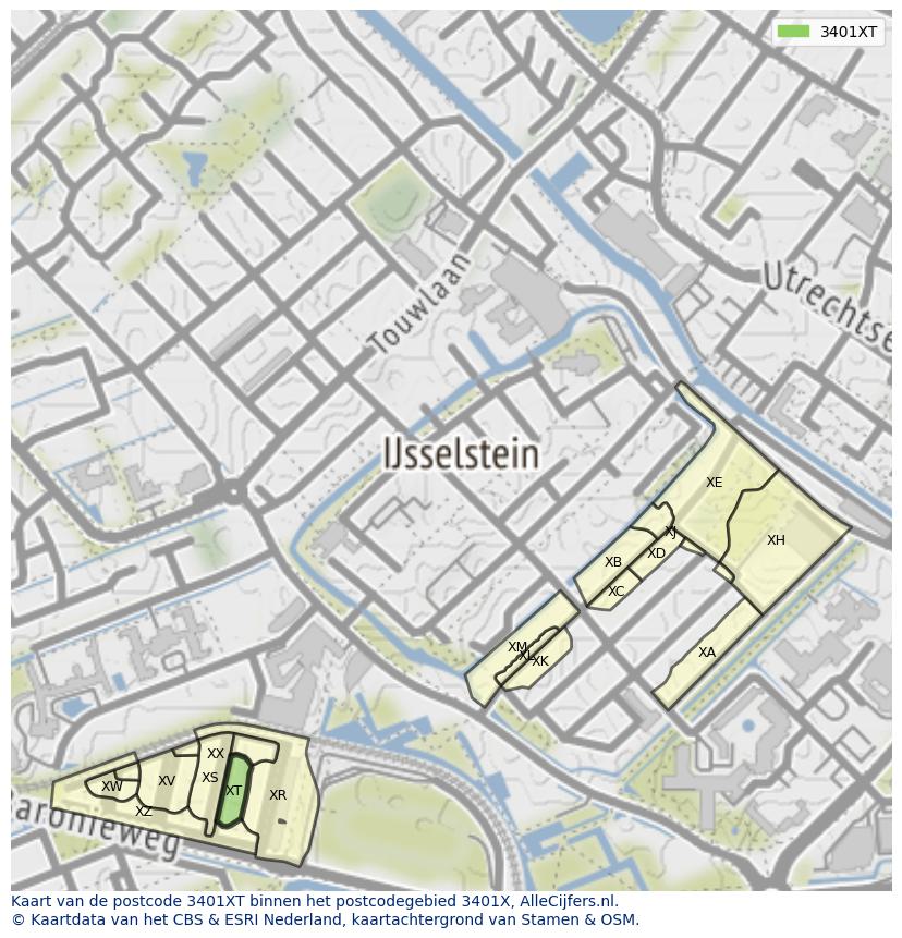 Afbeelding van het postcodegebied 3401 XT op de kaart.