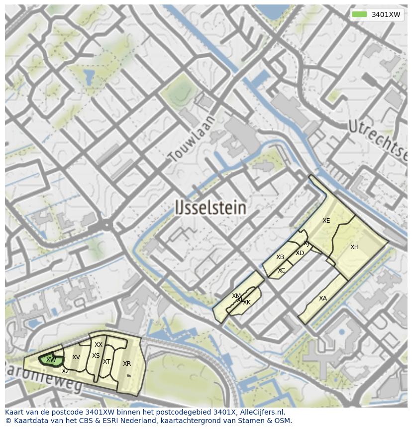 Afbeelding van het postcodegebied 3401 XW op de kaart.