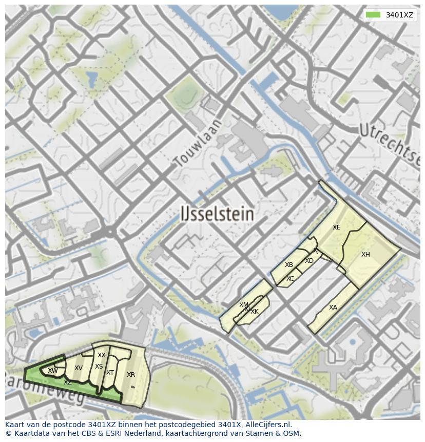 Afbeelding van het postcodegebied 3401 XZ op de kaart.