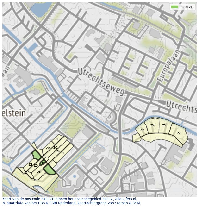 Afbeelding van het postcodegebied 3401 ZH op de kaart.
