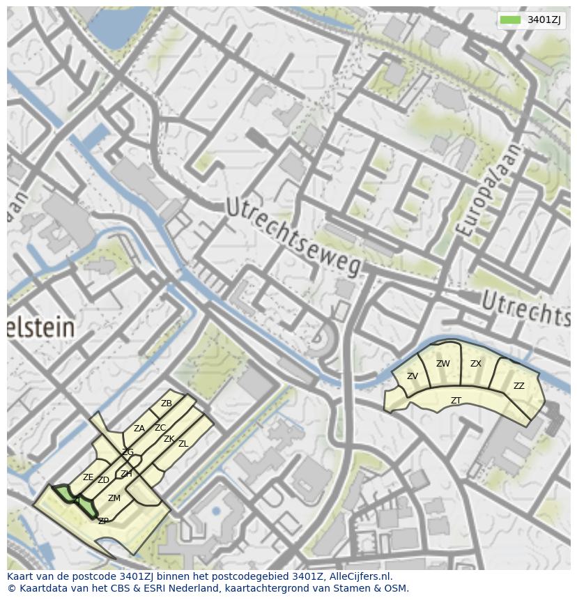 Afbeelding van het postcodegebied 3401 ZJ op de kaart.