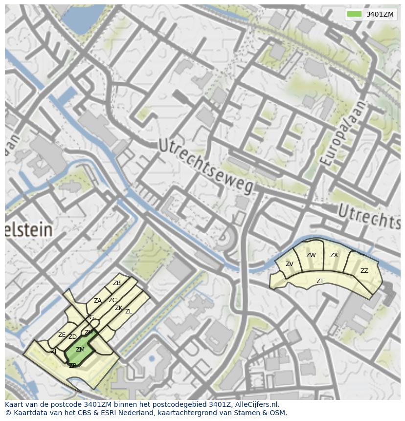 Afbeelding van het postcodegebied 3401 ZM op de kaart.